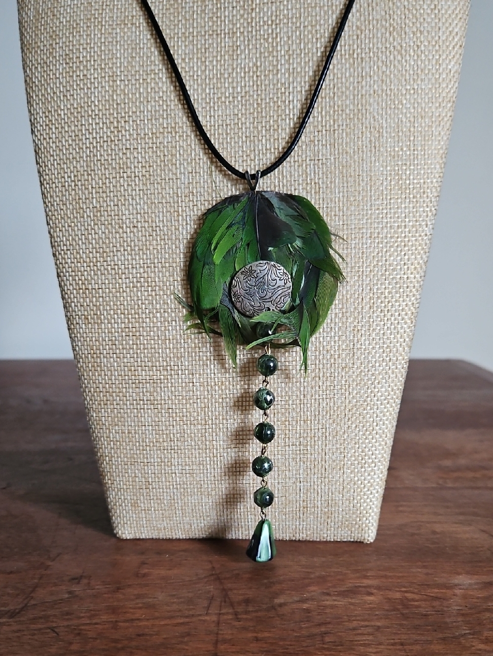 Handmade Green Feather Pendant Necklace